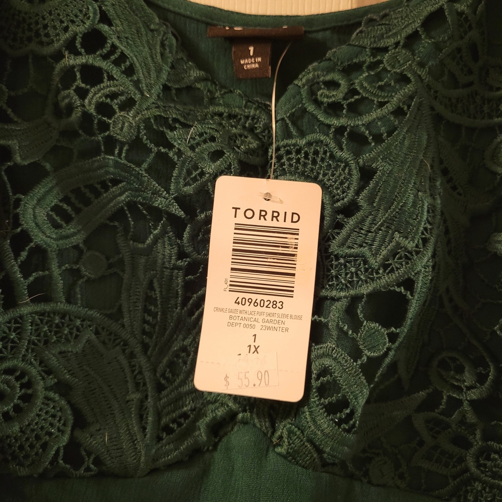 Torrid Green Babydoll With Lace Detail Women's Top Sixe 1/1x NWT - Picture 8 of 8